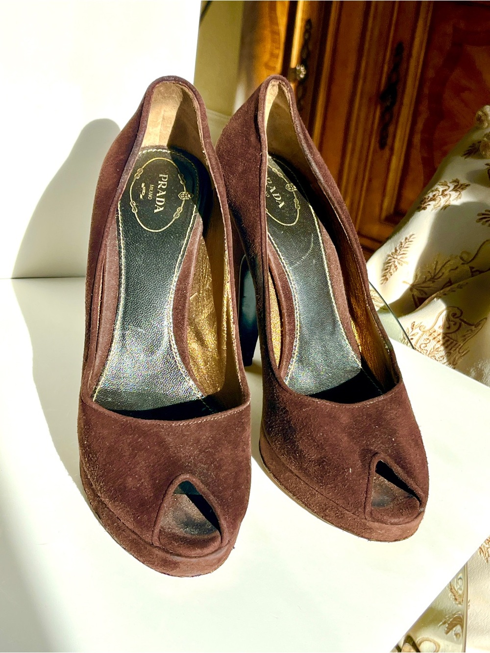 Prada Brown Suede Peep-Toe Pumps with Platform